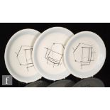 Three 1950s plates each decorated with a printed abstract design designed by David, Lord Queensberry