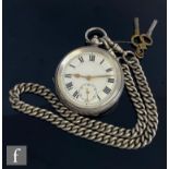 A Continental silver open faced key wind pocket watch, Roman numerals to a white enamelled dial,