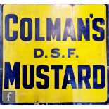 An original Colmans DSF Mustard enamelled sign, black on yellow, 92cm x 97cm.