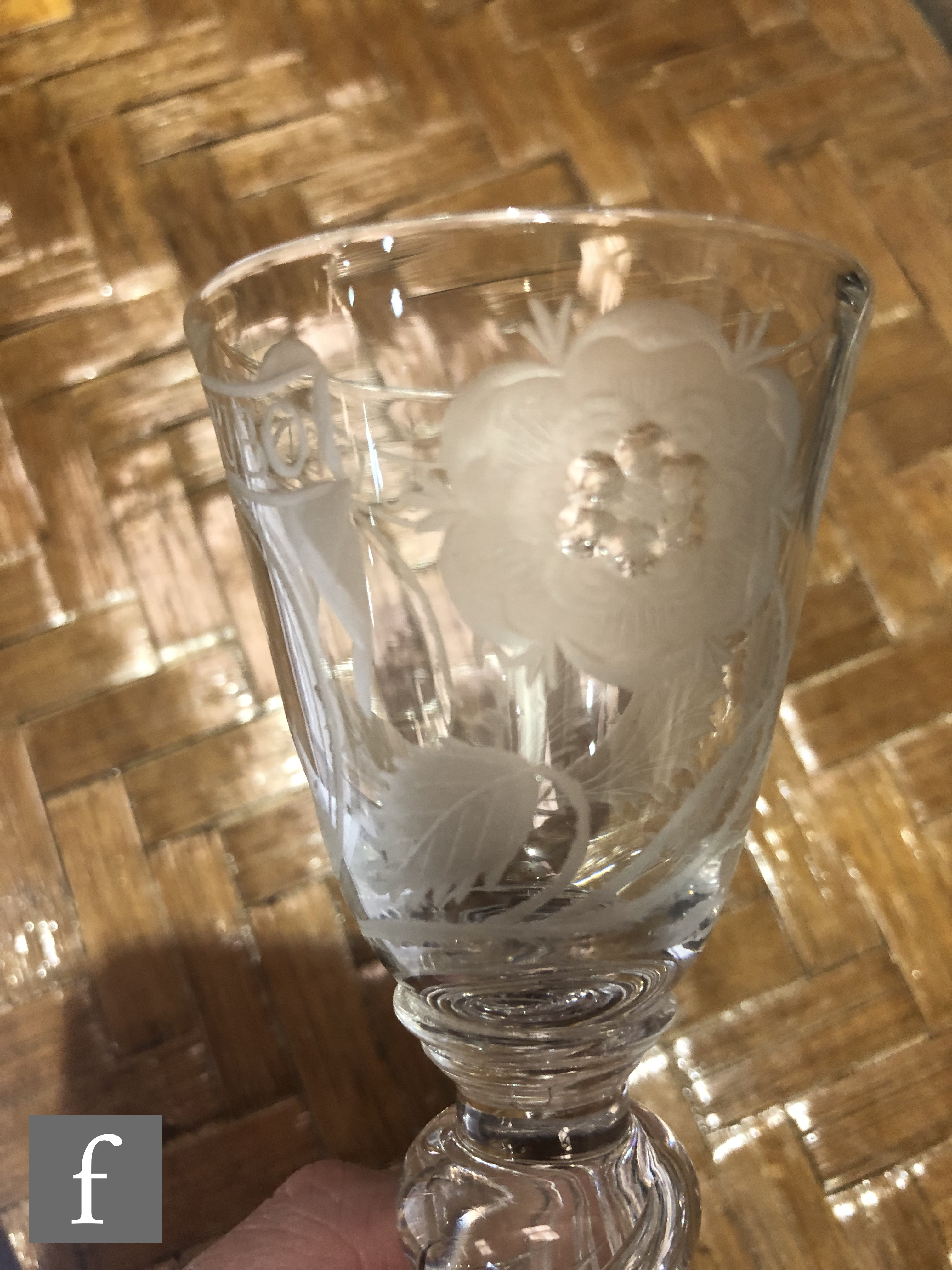 An 18th Century drinking glass circa 1750, the round funnel bowl engraved with a head and - Image 3 of 16