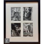 MERYL WATTS (1910-1992) - Architectural studies, Portmeirion, a set of four mounted postcards