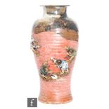An early 20th Century Japanese Sumida-Gawa vase of swollen ovoid form, the painted red pottery