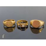 Two 18ct hallmarked signet rings each with engraved initials, total weight 13g, with a 22ct ring set