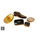 A 19th Century shoe snuff box, two agate inset examples and three other snuff boxes including a