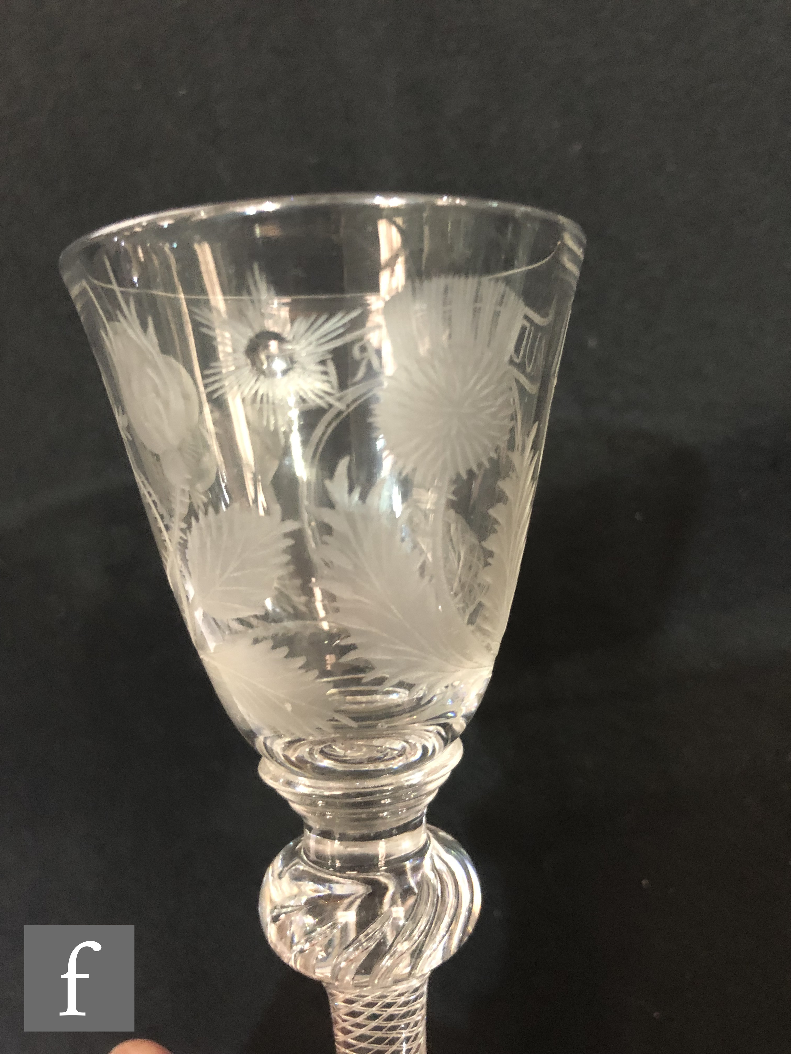 An 18th Century drinking glass circa 1750, the round funnel bowl engraved with a head and - Image 11 of 16