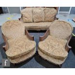 A second quarter 20th Century bergere lounge suite, with single begere canework panels, the