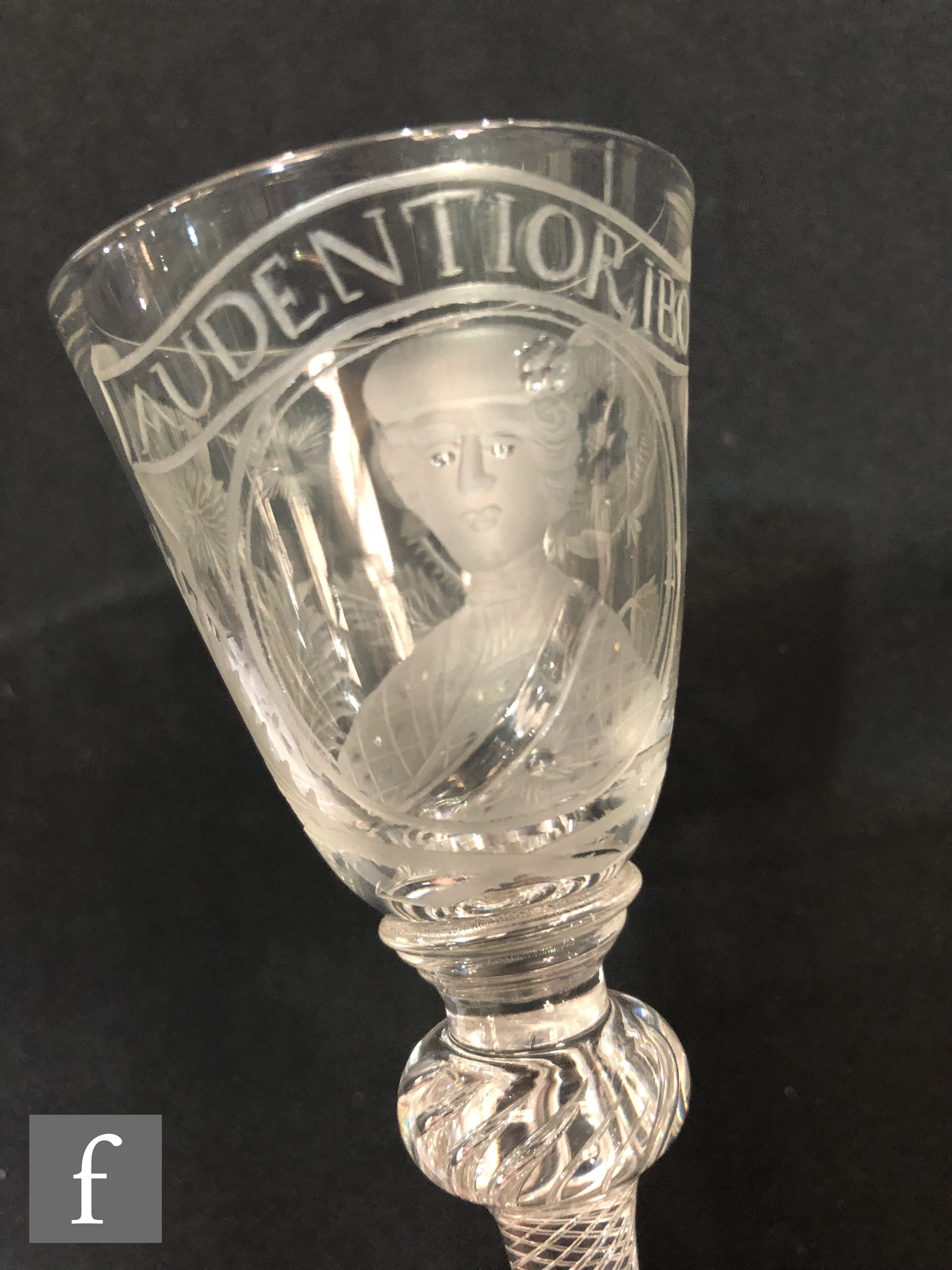 An 18th Century drinking glass circa 1750, the round funnel bowl engraved with a head and - Image 10 of 16