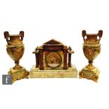 A 20th Century gilt metal mounted green onyx clock garniture set of classical form, with two urn