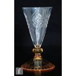 A 1930s Stuart and Sons drinking glass with conical bowl cut with a geometric design, over an