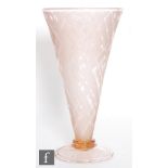 A large Art Deco Daum glass vase of conical form decorated with acid cut geometric pattern in peach,
