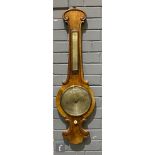 A William IV mahogany scroll framed barometer, unnamed, incorporating thermometer over a 20cm dial