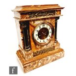 An Edwardian mantle clock in figured brown and white marble classical case, circular Arabic