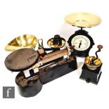 A set of Gallenkamp balance scales by ETA Insts Ltd, a set of part brass Libra scales, an EKC