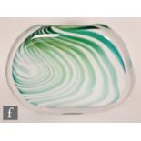 A large contemporary glass vase of flattened oval form, the green and white swirled inner cased in