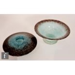 A 20th Century Vasart glass bowl of footed and flared form, with black and aventurine mottled