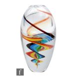 A contemporary studio glass vase of tapering form with an internal multi-coloured air twist cased in