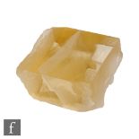 A contemporary studio glass sculpture by Colin Reid titled R1053, in a pale citron yellow glass, the