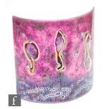 A contemporary art glass curved sculptural piece with abstract patterns in tones of red and gold,