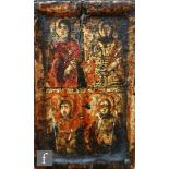 An early Russian portable icon, possibly 17th Century, depicting four saints over a gilt ground on a