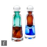 A near pair of later 20th Century Studio glass scent bottles by Karlin Rushbrooke, of tapered