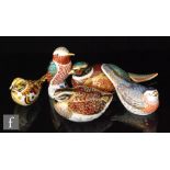 Five boxed Royal Crown Derby paperweights comprising Dappled Quail, Yellow Hammer, Bluebird,