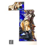 A large stained glass panel depicting an abstract view of a female torso wearing stockings and