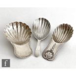 Three silver caddy spoons each with shell bowl, London 1796, no marker's mark,
