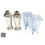 A pair of 1930s / 1940s Art Deco Bagley type blue glass vases, each of ribbed form raised to four