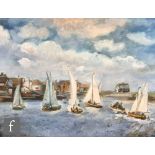 FOLLOWER OF LETITIA MARION HAMILTON RHA (1878-1964) - Sailing boats in a harbour, oil on board,