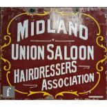 A vintage enamel Midland Union Saloon Hairdressers Association double sided enamel advertising sign,
