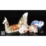 Five boxed Royal Crown Derby paperweights comprising a Wolf, Platinum Arctic Fox, Kitten, Meadow