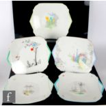 Five 1930s Art Deco Shelley Vogue / Mode shaped cake or bread and butter plates comprising