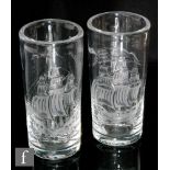 A pair of 1930s Stourbridge crystal glass vases, possibly Tudor Crystal, of cylindrical form cut and