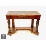 A 19th century inverted break front washstand with later inset leather top, on turned legs united by