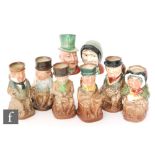 Six small Royal Doulton character jugs comprising Mr Micawber, The Fat Boy, Saiery Gamp, Pickwick,