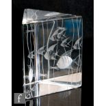 A later 20th Century Kosta Boda crystal glass prism block, cut and engraved with a stylised aquarium