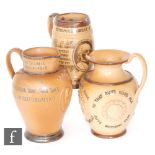 Three late 19th Century Doulton Lambeth salt glazed stoneware jugs, the first commemorating Benjamin