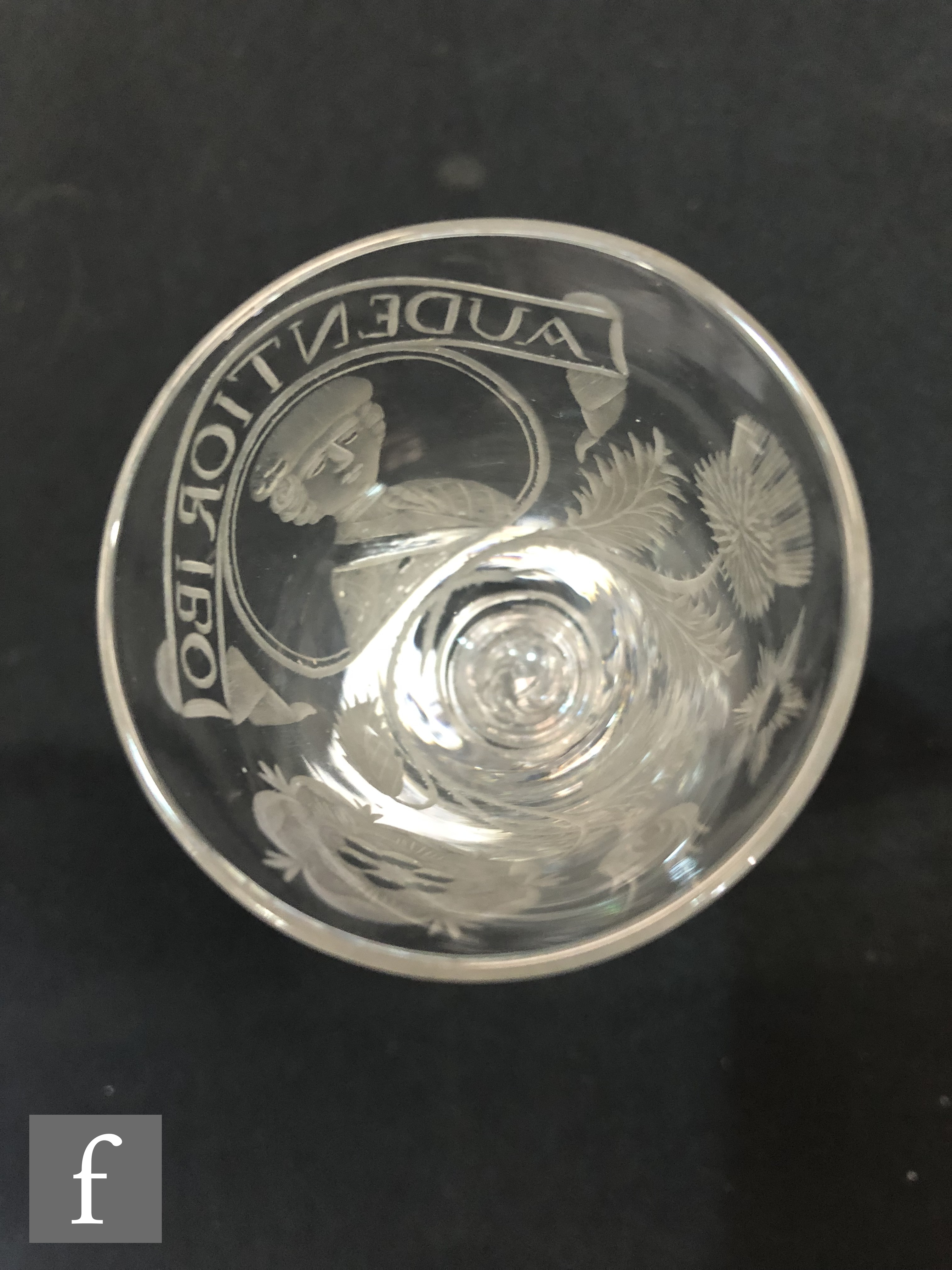 An 18th Century drinking glass circa 1750, the round funnel bowl engraved with a head and - Image 14 of 16