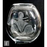 A later 20th Century Kosta glass vase of compressed ovoid form, engraved to the front with an