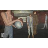 ROD JUDKINS (CONTEMPORARY) - A group of figures in an industrial landscape, mixed media with