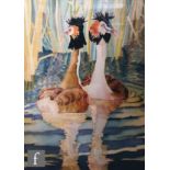H. ANDERSON (CONTEMPORARY) - A pair of great crested grebes, ink on silk, signed, framed, 54cm x
