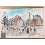 P. NORGARD (C. 1950) - A busy street scene in Denmark, ink and wash drawing, signed, framed, 27cm