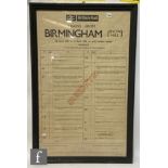 A British Rail paper time table board 'Trains from Birmingham (Snow Hill), 20th June 1965 to 17th