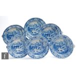 A set of six 19th Century blue and white transfer decorated plate or food warmers each decorated