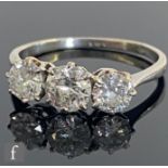 A platinum diamond three stone ring, transitional cut stones, total weight approximately 1.40ct,