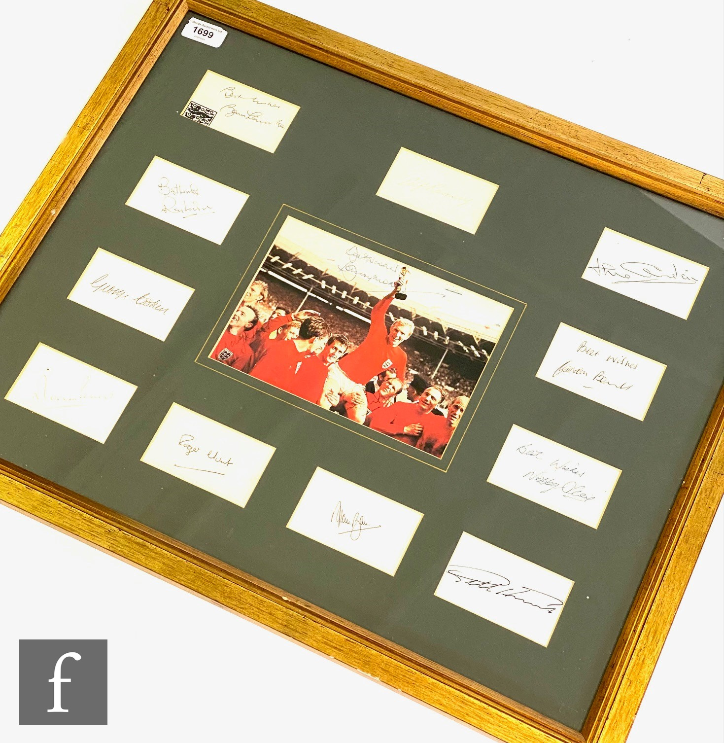 Eleven England 1966 World Cup winners team signatures including 'Alf Ramsey with Best wishes', Bobby