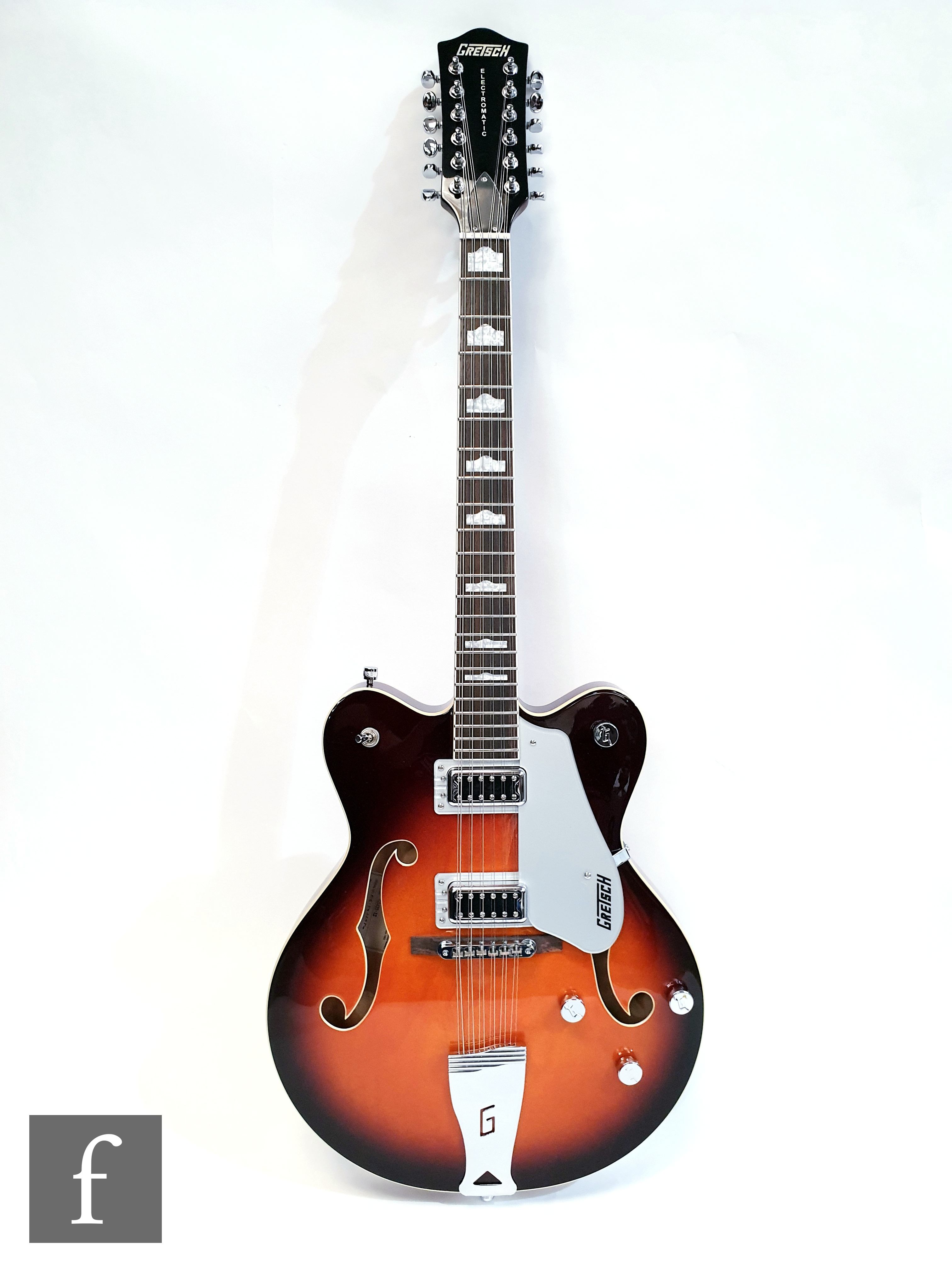 A Gretsch Sunburst 12-string semi-acoustic guitar, serial number KS15023750 made in Korea, model