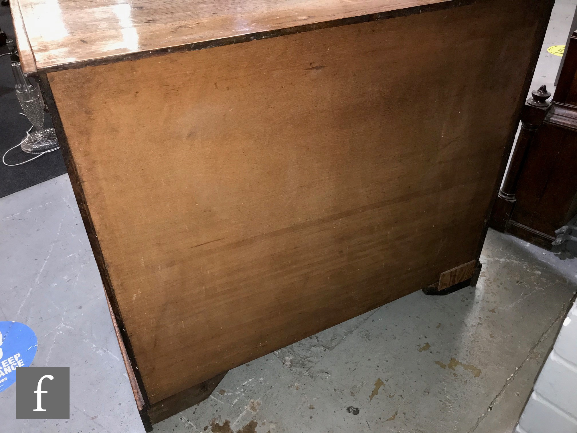 A George III oak and mahogany crossbanded chest of two short and three long drawers, brass drop - Image 7 of 9