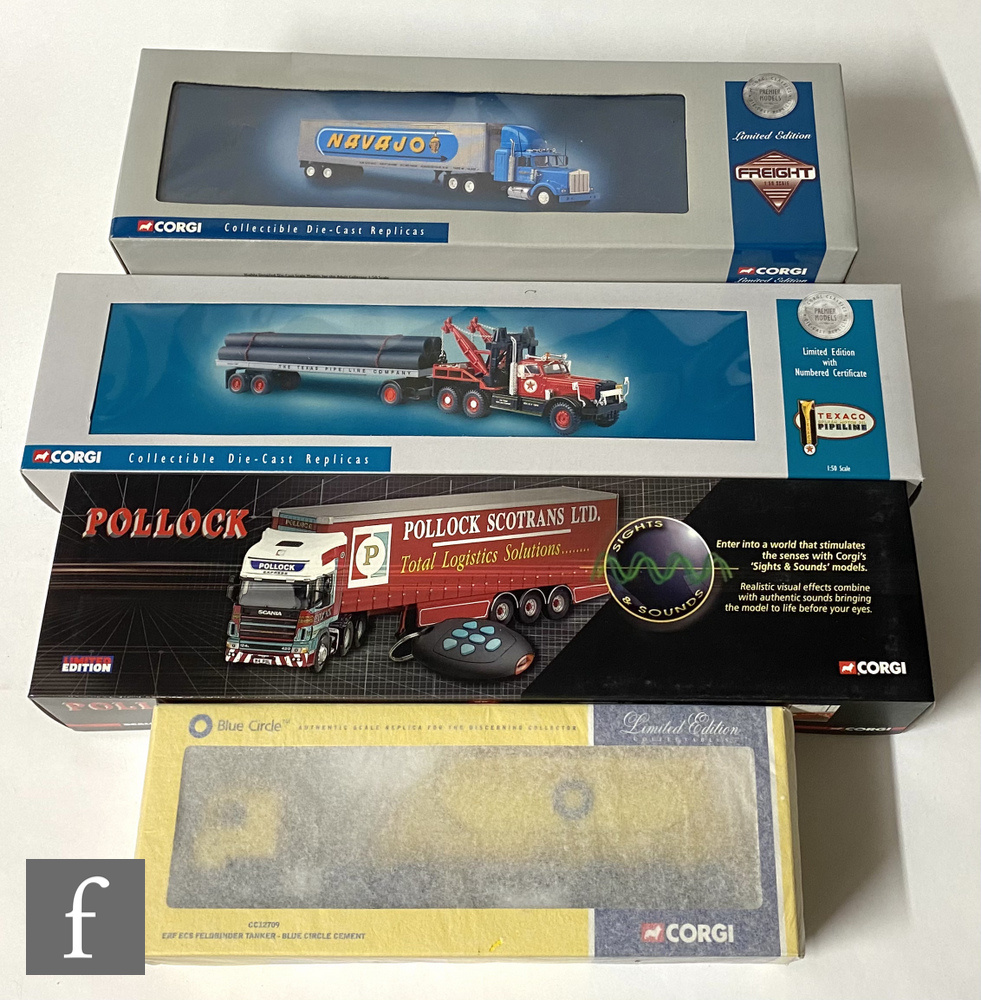 Four Corgi 1:50 scale diecast models, comprising 55610 Texaco Pipeline Diamond T980 Wrecker &