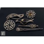 Six assorted mid 20th Century and later hallmarked silver brooches to include Celtic and modern